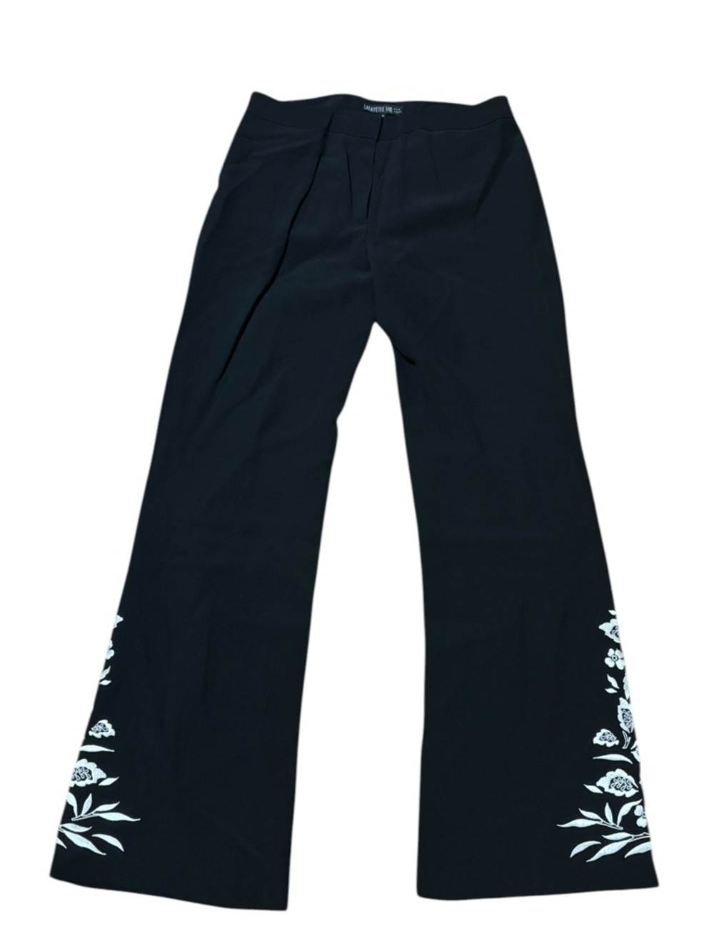 Lafayette 148 Embroidered Flare Black Pants with White Floral Detail inseam
